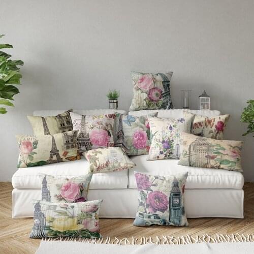 Retro Cushion Covers Sofa Decor Throw Pillow Cover Polyester Decorative Pillow Case Flower Tower Bird Pattern Pillowcase