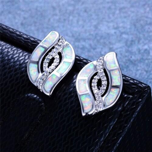 Vintage Silver Color Wedding Earrings Luxury Bridal Geometry Stone Earrings Charm Female White Blue Opal Stud Earrings For Women
