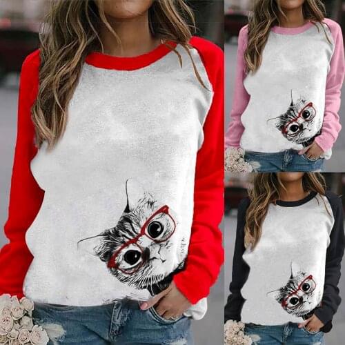 Spring and Autumn New Women\s Tops European and American Hot Style Cat Print Loose Women\s T-Shirt Fashion