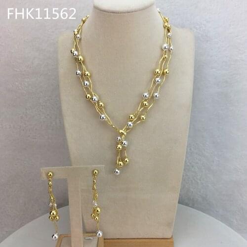 Yuminglai Fashion Luxury Dubai High Quality Beads Two Tones Ladies Necklace and Earrrings Jewelry Sets FHK11562