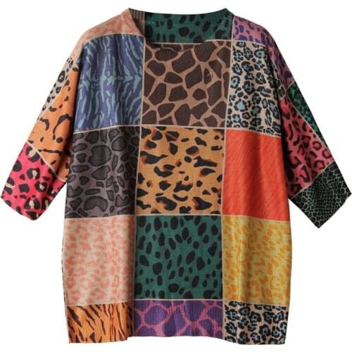 Leopard Color Block Knitted Short Sleeve Kawaii Cute Spring Summer Womens Tops And Blouses cardigan mujer Oversized Sweater