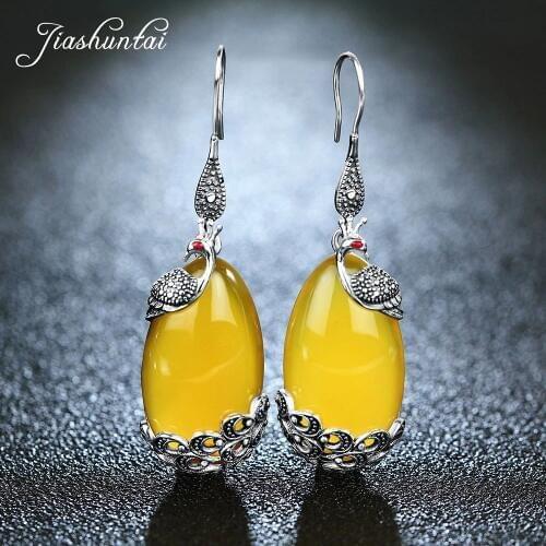 JIASHUNTAI Peacock Silver Earrings For Women Vintage Drop Earrings 925 Sterling Silver Jewelry Female Natural Yellow Stone