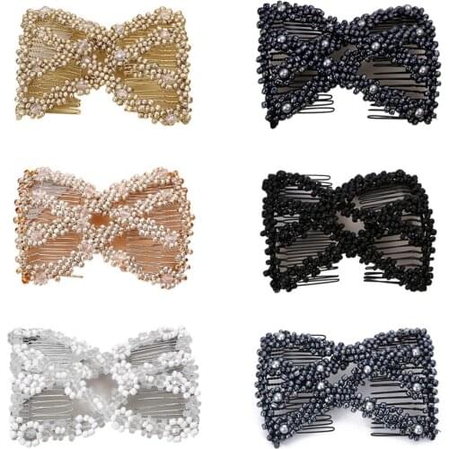 Women Twist Rhombus Beaded Hair Side Combs Stretchable Double Clips Bun Maker