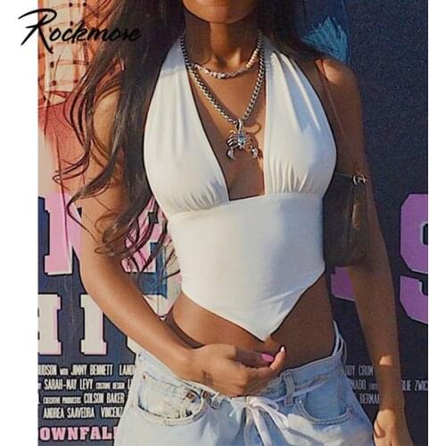 Rockmore White Halter Corset Tops Lace up Backless Sexy Deep V-neck Solid Harajuku Tees Y2K Streetwear Fashion Camisole Vintage