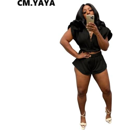 CM.YAYA Women Set Solid Sleeveless Zip Hooded Crop Tops Loose Shorts Two 2 Piece Sets Active Tracksuit Fashion Outfit Summer
