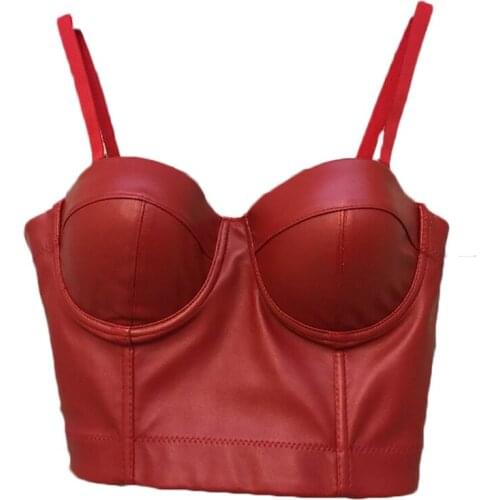 Womens Spaghetti Straps PU Leather Bustier Crop Top Bralette Bra Night Club Party Basque Corset