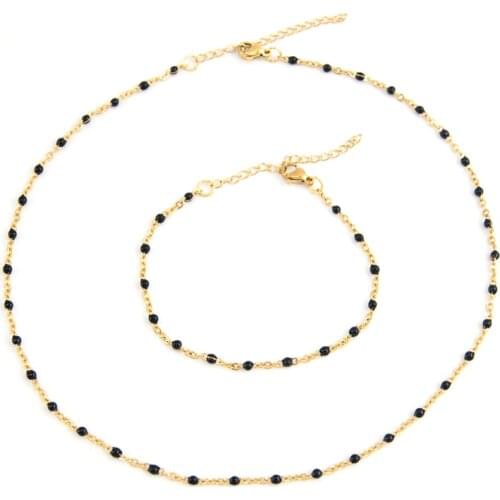 Womens Jewelry Gift sets bracelet Necklace Stainless Steel Choker Enamel Link Cable Chain Satellite Beaded Cable Ball Necklace