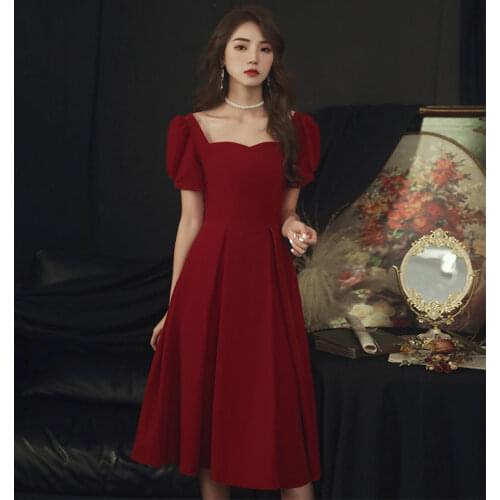 Summer Formal Fashion Elegant A-line Short Sleeve Off Black Red Puff Sleeve Simple Women Wedding Bridal Toast Dress 1457