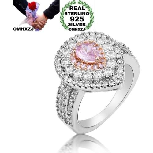 OMHXZJ Wholesale European Fashion Woman Girl Party Wedding Gift Pink AAA Zircon 925 Sterling Silver 14KT Rose Gold Ring RR381