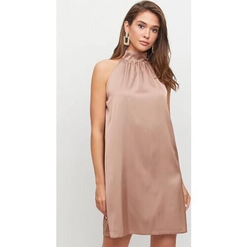 Women Solid Satin Loose Vintage Mini Dress Turtleneck Sleeveless Backless Hollow Back Elegant Dress 2021 New Fashion Women Dress