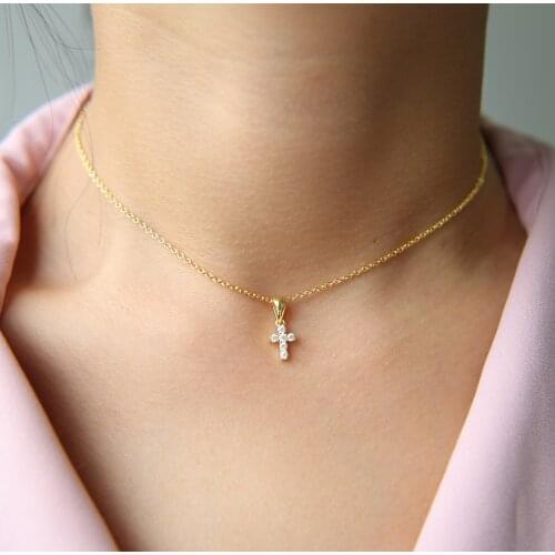 100% 925 sterling silver pave AAA cz tiny cute cross pendant necklaces For Woman delicate minmal choker Charm Bijoux Jewelry