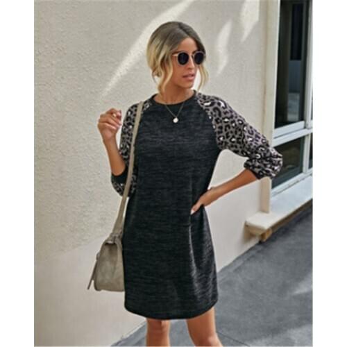 Women Cheetah Print Dress, Autumn Adults Casual Style Long Sleeve Round Neck One-piece Leopard Sleeve Dress