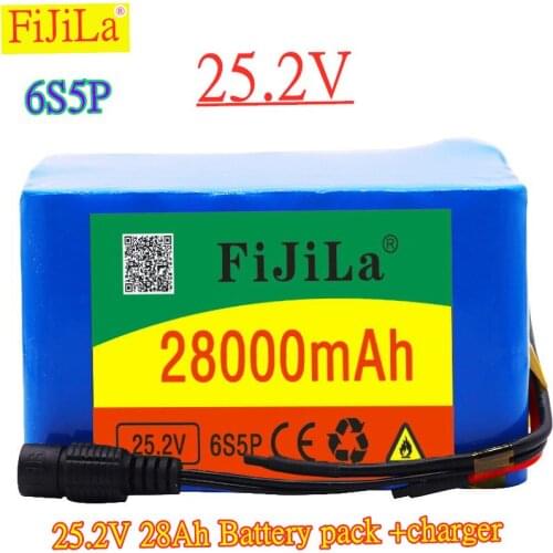 6s5p High Capacity 24V 28Ah 18650 Battery Pack Lithium Ion 25.2V 28000mAh Bicycle Moped Power Tools Battery with BMS + charger