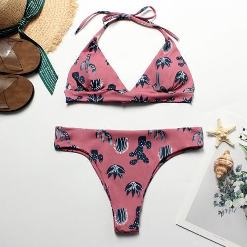 HAPPYSHARK Brazilian Bikinis Women Floral Printed Swimwear Sexy String Halter Swimsuit Beach Swimming Suit Push Up Beachwear