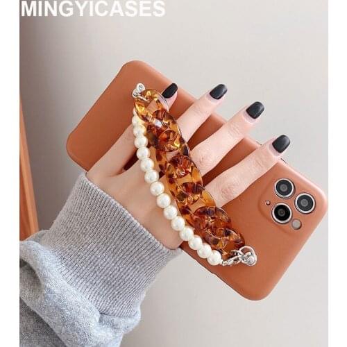 Phone Bag for Iphone 12 Pro 11 Pro Max Case PU Leatcher Cases for Iphone 7 8 Plus Xr Xs Max X Cover Amber Pearl Chain Bracelet