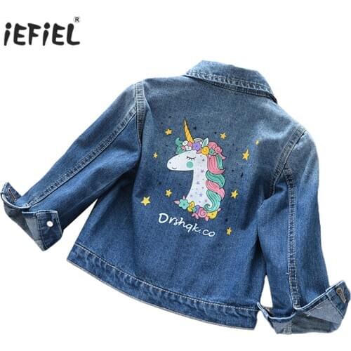 Toddler Kids Jean Jackets For Girls Fashion Autumn Winter Denim Jacket Girls Ripped Cute Cartoon Horse Print Coat Outerwear Tops