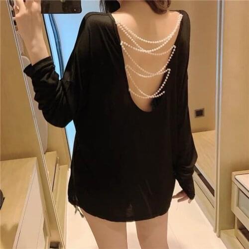 Long-sleeved Halter Top Womens 2021 New Spring and Summer Design Sensual Pearl Hollow Loose Plus Size T-shirt Women Sexy Tops
