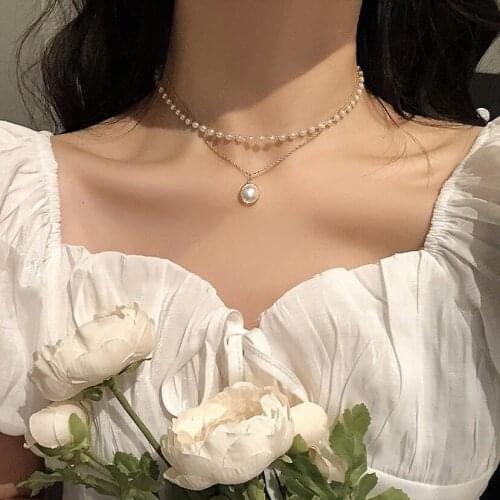 Personalized Retro Ins Style Double-layer Pearl Necklace Clavicle Chain Choker Pearl Pendant Nacklace