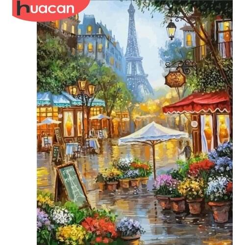 HUACAN DIY Painting By Number Street Acrylic Wall Art Unique Gift Pictures By Number Canvas Tower Landscape For Living Room