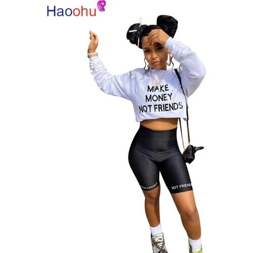 HAOOHU Streetwear Womens Set Make Money Not Friends Print T-shirt Shorts Suit Tracksuit Matching Set Outfit Two Piece Set