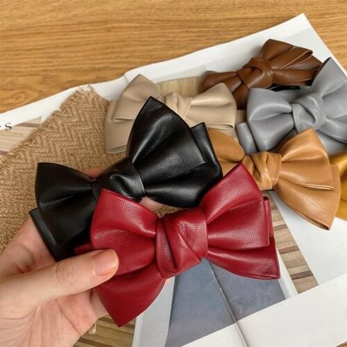 Fashion PU Leather Bowknot Hair Clip Bow Hairpin Duckbill Clips Simple Solid Color Women Barrettes Ornaments Hair Accessories