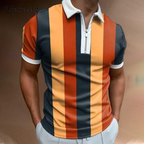 Fashion Striped Patchwork Short Sleeve Tops For Men 2021 Summer Mens Slim Polo Shirt Casual Turn-down Collar Zip-up Polo Shirts