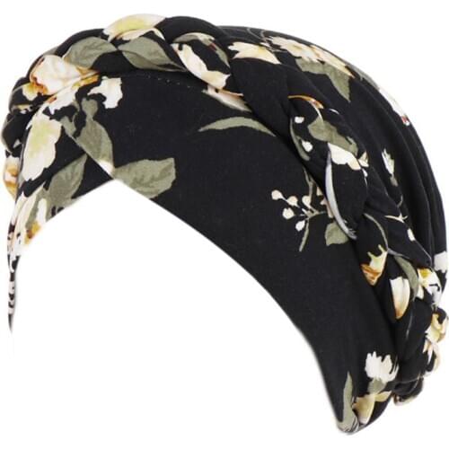 Muslim Womens Turban Hat Colored Floral Leaves Print Indian Beanie Headwrap Twist Braided Cross Front Ruffle Chemo Cap Hijab