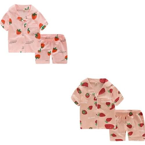 TUONXYE New Summer Boys Short sleeves Pajamas Girls Set Cartoon Strawberry Pyjama Cotton Kids Pijama Children Sleepwear Clothes