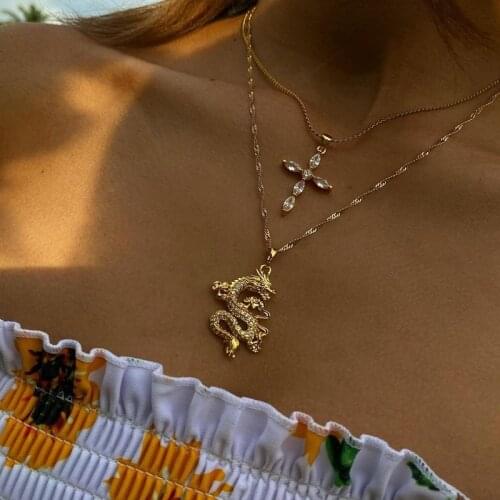 CZ Dragon Pendant Necklace for Women Men Gold Color Cubic Zirconia Choker Jewellery Mascot Ornaments Lucky Symbol Christmas Gift