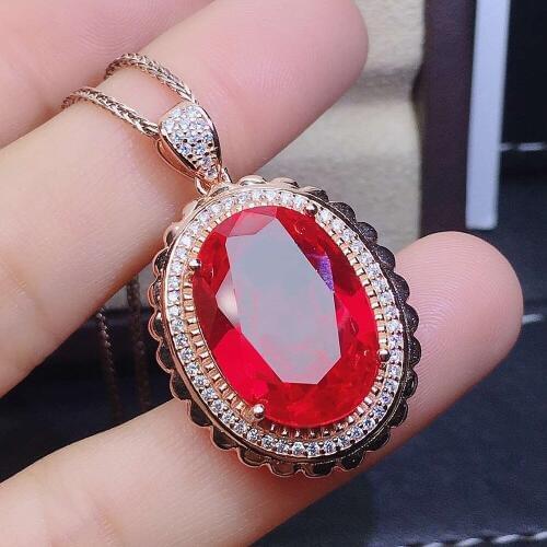 Luxury big oval gemstones ruby red crystal zircon diamonds pendant necklaces for women rose gold color jewelry bijoux party gift