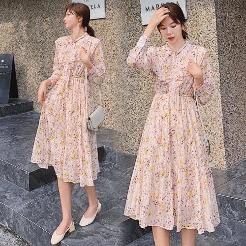 TingYiLi Spring Bow Tie Floral Print Pleated Chiffon Dress Long Sleeve Ruffle Midi Dress Korean Style Elegant Women A-line Dress