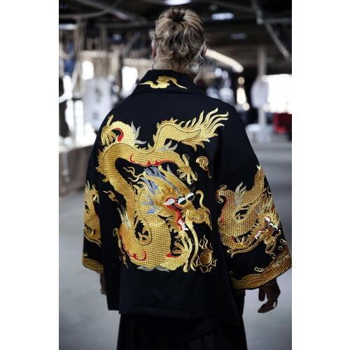 Luxury black with golden embroidery chinese dragon unisex short robe drama/stage/stuido/performance