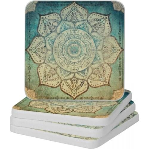 Faded Indian Mandala Vintage Meditation Mandala Diatomite Square Round Coaster Water Absorption Cup Bonsai Mat Soap Pad 10cm