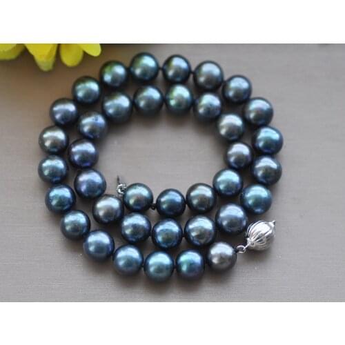 Z10461 17"~33" 12mm Peacock-Black Round Freshwater Pearl Necklace 925SC