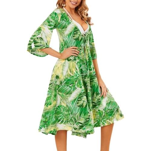 Women Long Chiffon Cover Up Beach Bikini Cover Up Ladies Long Lace-up Half Sleeve Chiffon Printed Top Beachwear