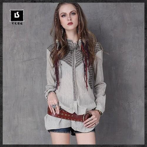 2017 vintage style womens shirt arts embroidery cotton slim fit full sleeve stand neck blouse long comfortable tops camisa
