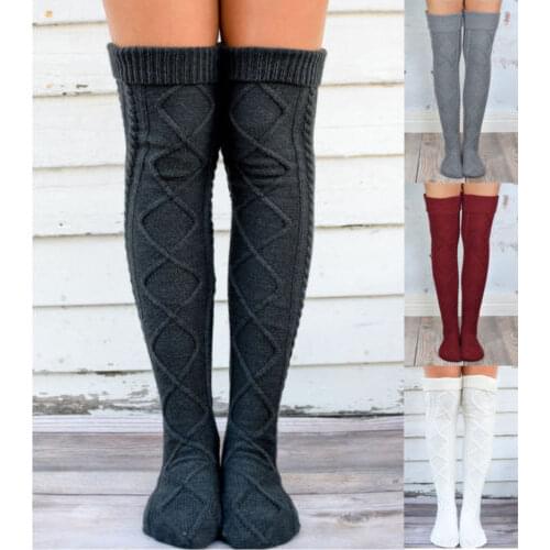 Women Winter Knitted Cotton Stockings Diamond Lattice Warm Thigh High Tube Over Knee Socks Fashion Rope Crochet Long Leggings