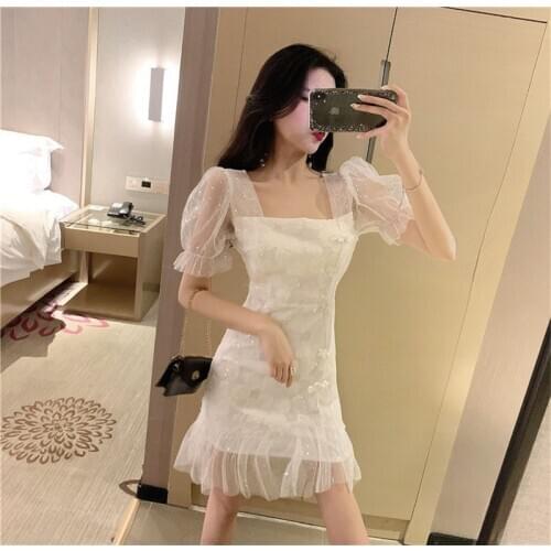 French Square Collar Little White Mermaid Dress Sequined Retro Women Romantic Puff Sleeve Mini Dress Embroidery Slim Party Dress