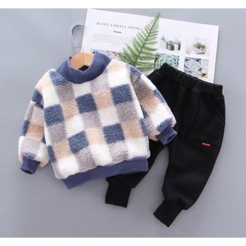Baby Boys Girls Winter Clothing Set 2020 Toddler Kids Outfits Children Fleece Warm Cotton Plaid Winter Clothes Costume Suit