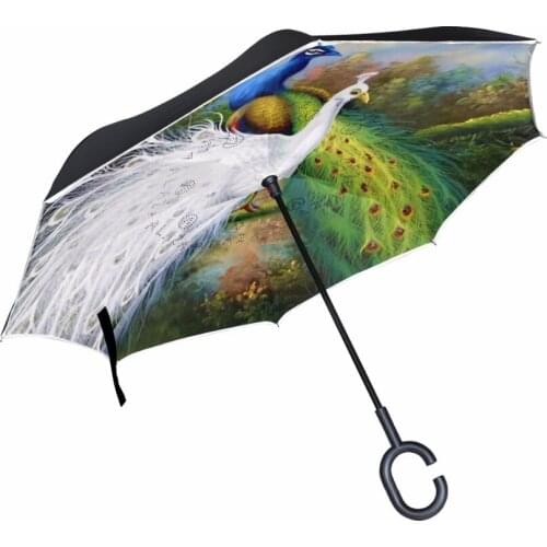 Reverse Umbrella With White Peacock& Green Peacock Creatively Customized Rain& Wind Protection Long Handle Double Layer Umbrella