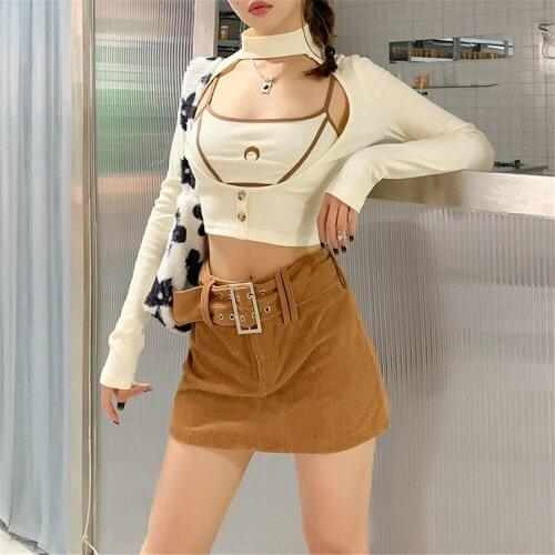 Women 2021 Spring Summer New Fashion Casual Beige Moon Embroidery Suspender Pullover Tops Turtleneck Long Sleeve Button T Shirts