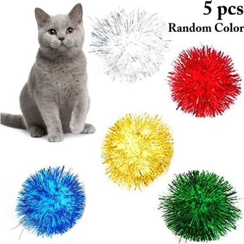 5PCS Sparkle Balls Cat Interactive Toys Glitter Pom Pom Kitten Ball Toy Plastic Pet Chase Toy Attractive Pet Supply Random Color
