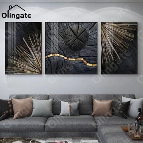 Abstract Retro Black Gold Wood Art Canvas Posters Nordic Radial Lines Tree Ring Wall Art One Piece Canvas Painting Home Decor