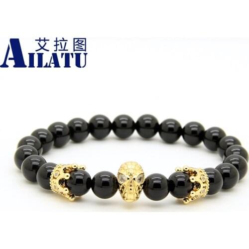 Ailatu 10pcs/lot Fashion Roman Knight Crown Bracelet 8mm A Grade Black Onyx Stone Beads Fine Men Women Charms Jewelry