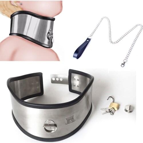 BDSM Bondage Adjustable Stainless Steel Necklet Collar Metal Restraint Posture Neck Ring With Leash ChainAdult Sex Toys For Male