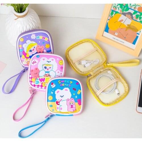 PU Bear Coin Purse Student Cartoon Earphone Case Girls Portable USB Cable Organizer Pouch Phone Data Charging Cable Storage Bag