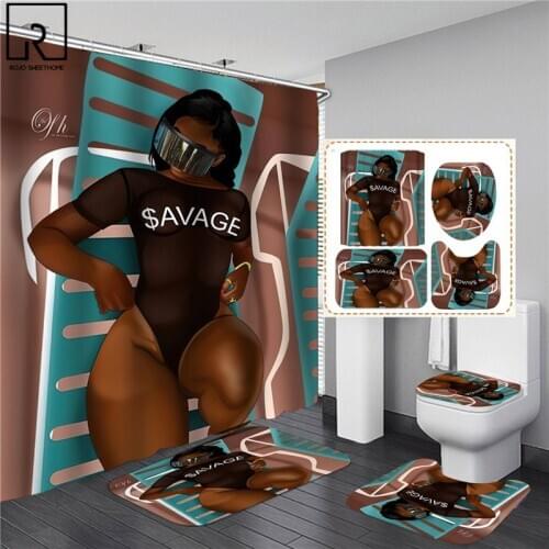 Black African American Women Print Shower Curtain Set Waterproof Bathroom Curtains Anti-slip Soft Bath Mat Toilet Rugs WC Carpet
