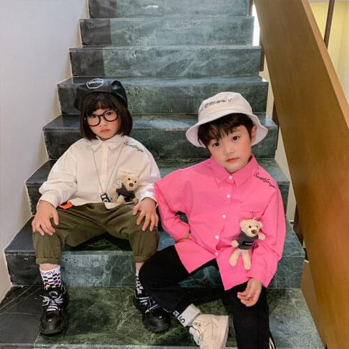 Children Shirts Baby Boys Cute Bear Pure Cotton Shirts 2021 New Korean Fashion Style for Older Children Spring Solid Clothes