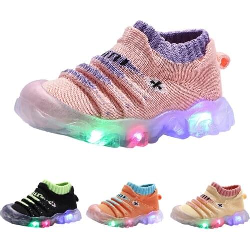 Children Luminous Shoes For Boys Gilrs LED Lighted Soft Baby Kids Sneakers Infant Tennis Breathable Flying Knit Letter Sneaker