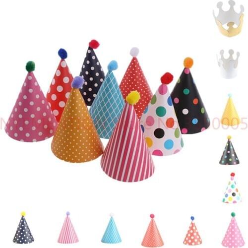 10Pcs/Set Cute Crown Headgear Birthday Hats Dot with Hairball Cap Children Kid Festive Celebration Decorations Accessories